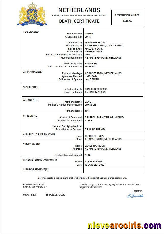 Netherlands vital record death certificate